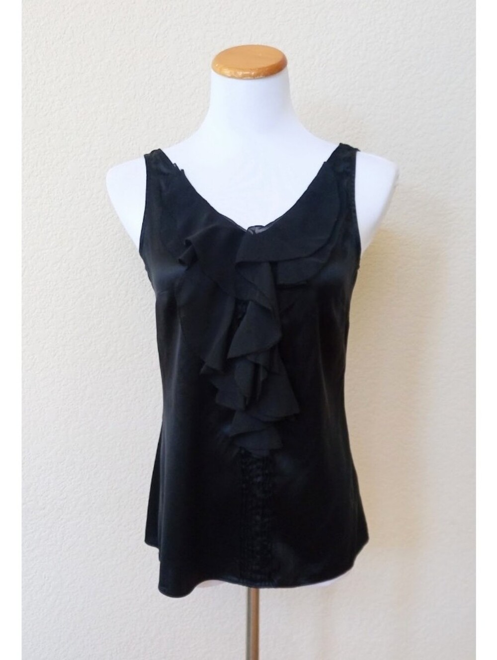 White House Black Market black silk ruffle front sleeveless blouse